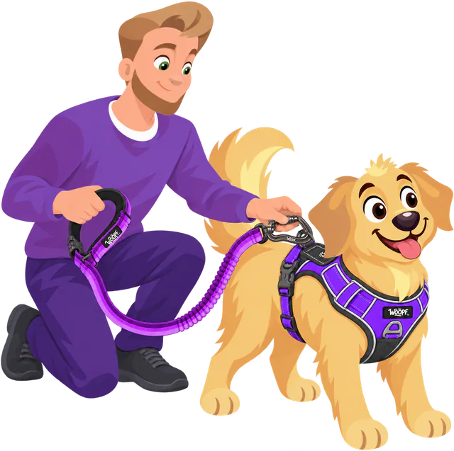 A man in a purple jumper kneels to clip a purple Explorer Bungee Leash to the back ring of a golden retriever's purple WOOPF™ harness, the padded handle in his other hand.