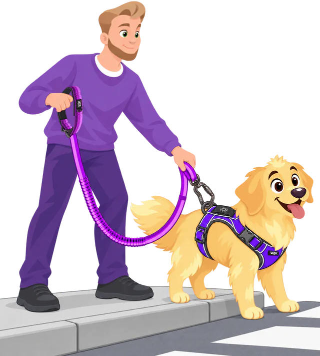 A man in a purple jumper waits at the kerb by a zebra crossing, the padded handle of a purple Explorer Bungee Leash in one hand and the traffic handle above the clip in the other, a golden retriever in a purple WOOPF™ harness at his knee.
