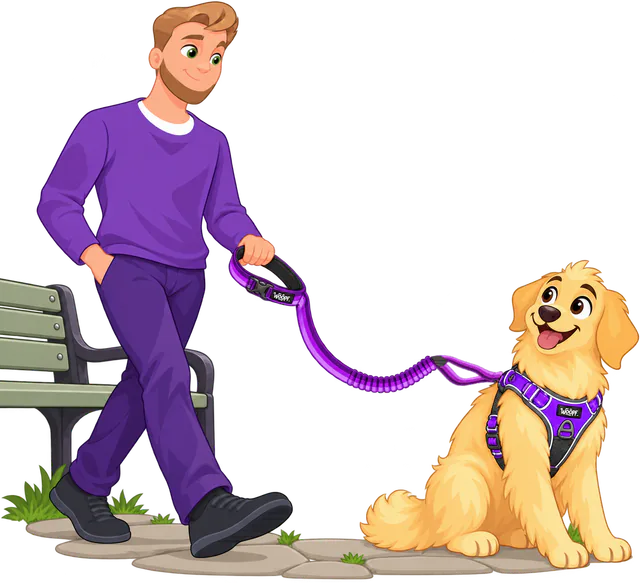 A man in a purple jumper walks past a park bench holding the padded loop of a purple Explorer Bungee Leash, its buckle closed, while a golden retriever in a purple WOOPF™ harness sits and looks up at him.