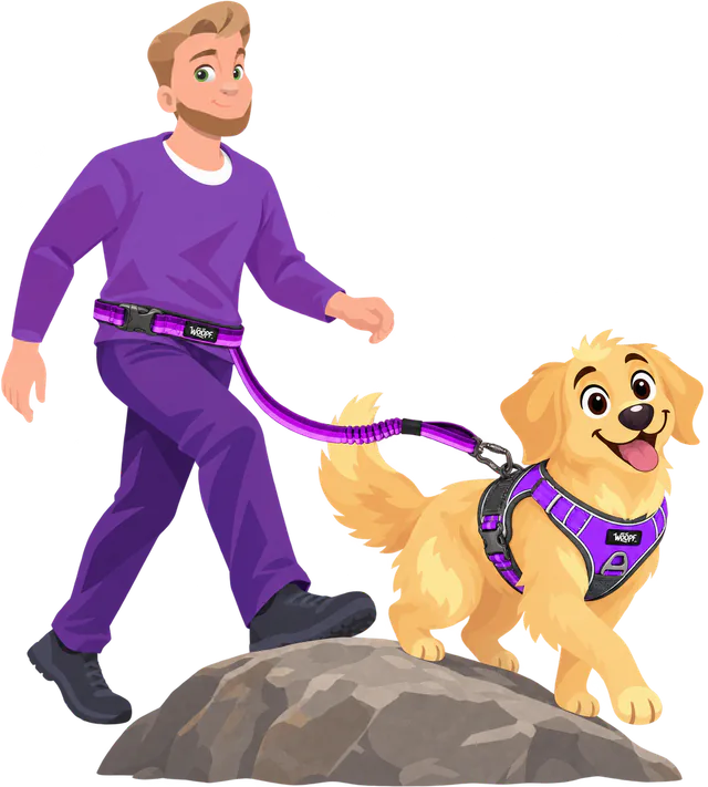 A man in a purple jumper strides over a rock with the padded loop of a purple Explorer Bungee Leash buckled round his waist, both hands free, a golden retriever in a purple WOOPF™ harness trotting beside him.
