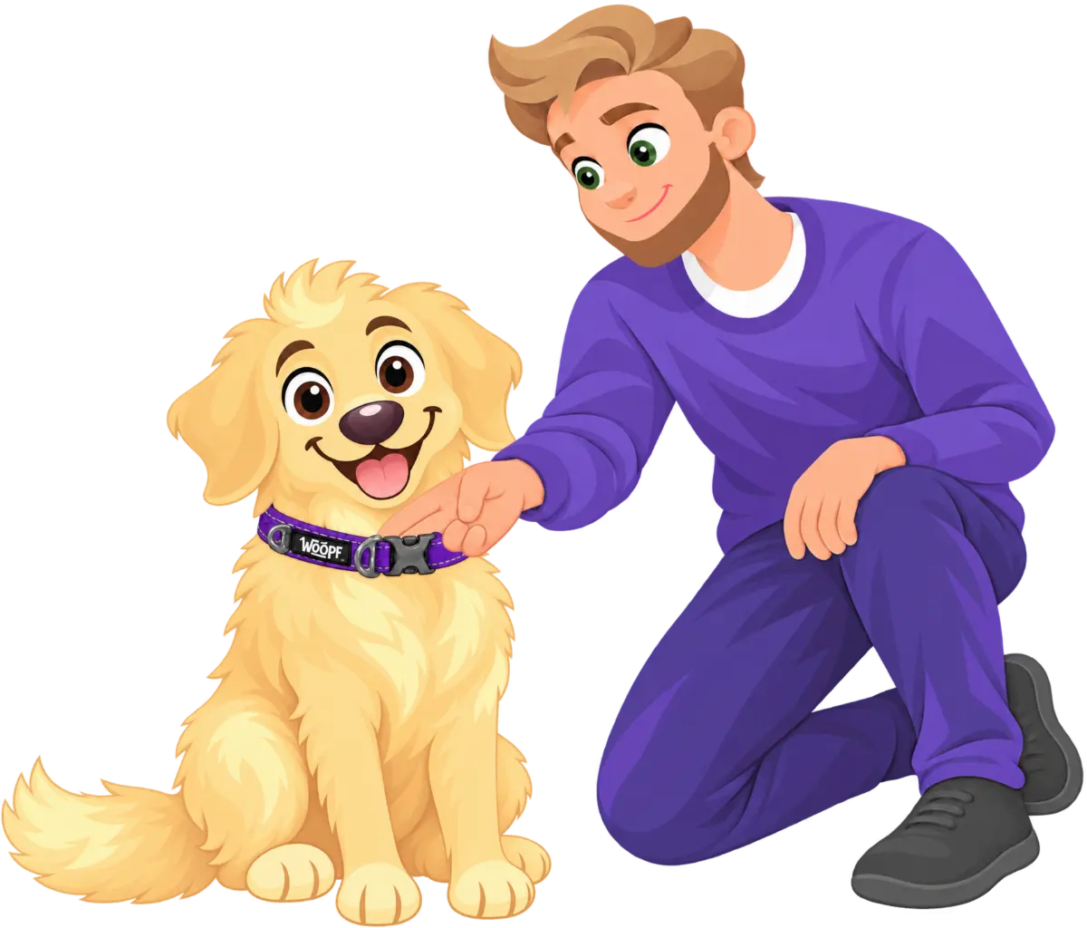 A man kneeling beside a golden retriever puppy reaches for the buckle of its purple WOOPF™ collar.