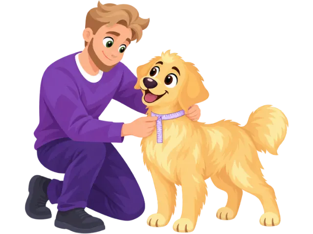 A man in a purple jumper kneels and wraps a tape measure around the neck of a golden retriever puppy.