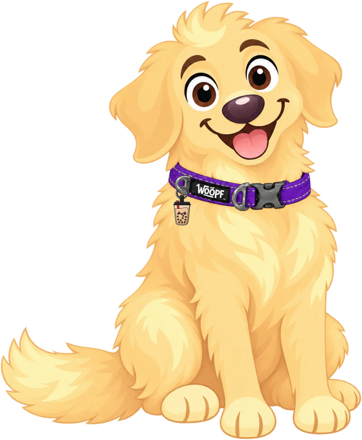 A golden retriever puppy in a purple WOOPF™ collar, a bubble tea ID tag hanging from the small tag ring and the lead D-ring free beside the buckle.