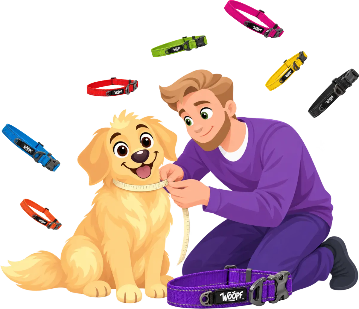 A man kneels to measure the neck of a golden retriever puppy with a tape measure, seven WOOPF™ collars in other colours floating around them and a purple one on the floor.