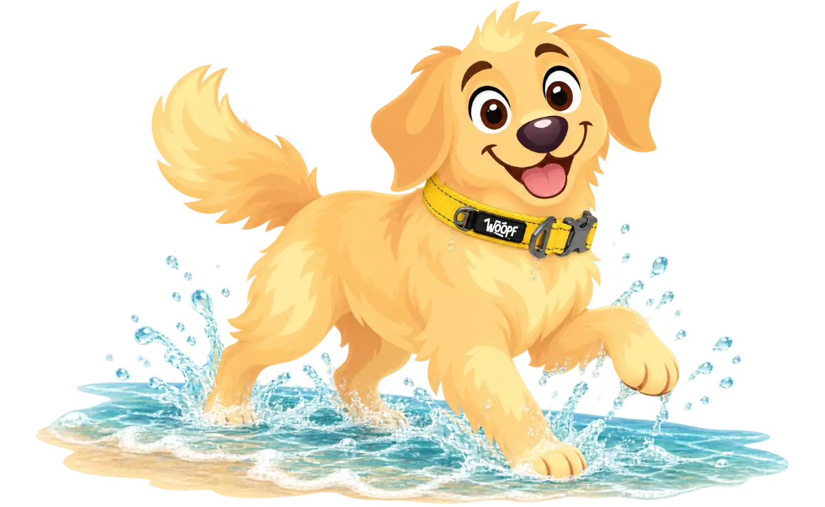 A golden retriever puppy in a yellow WOOPF™ collar splashes through shallow water at the edge of the sand.