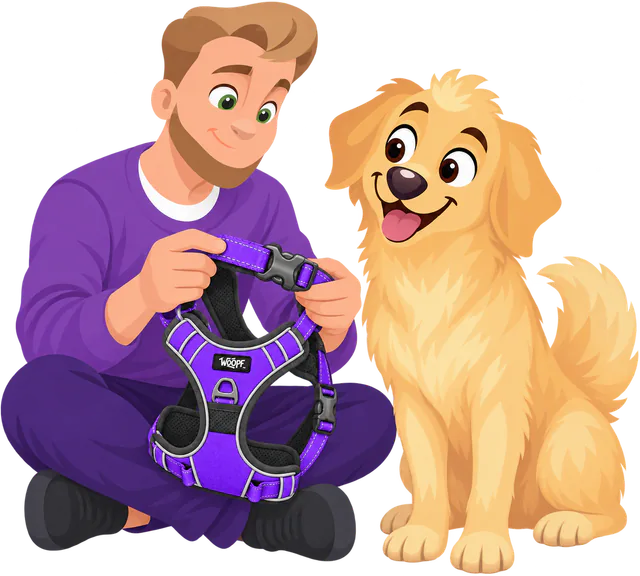 A man in a purple jumper sits cross-legged at home and checks the buckles of a purple WOOPF™ harness beside a golden retriever.