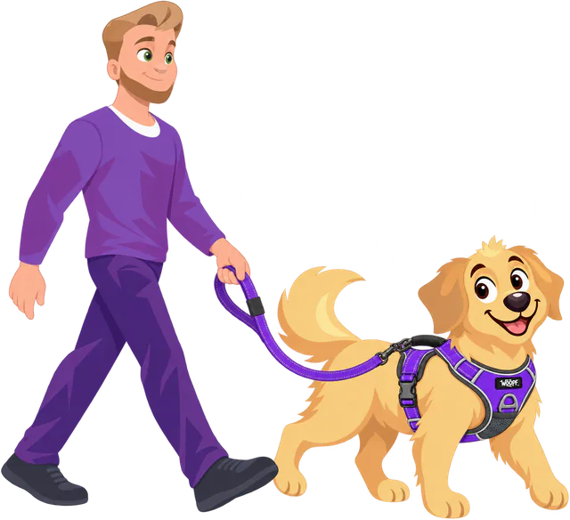 A man in a purple jumper walks a golden retriever on a purple lead clipped to the back of its purple WOOPF™ harness.