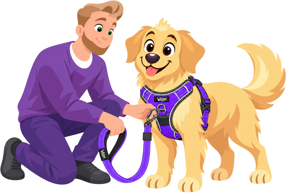 A man in a purple jumper kneels to clip a purple lead to the front D-ring on the chest of a golden retriever's purple WOOPF™ harness.