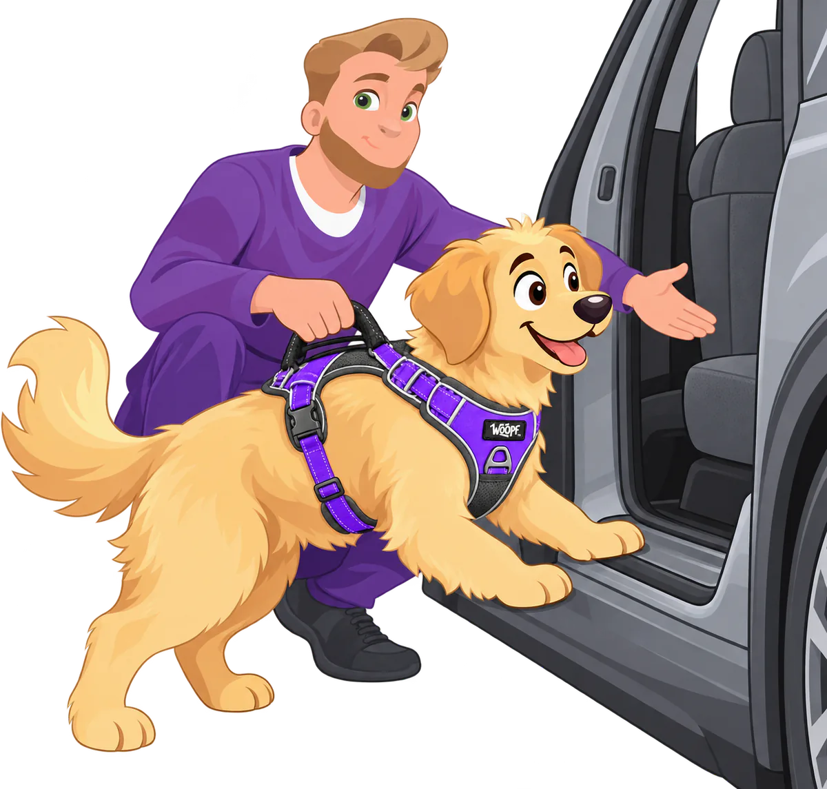 A man in a purple jumper crouches by an open car door, holding the top handle of a golden retriever's purple WOOPF™ harness as it steps up into the car.