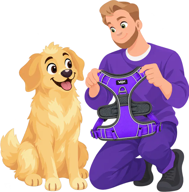 A man in a purple jumper kneels and holds up an open purple WOOPF™ harness, ready to slip it over a golden retriever's head.