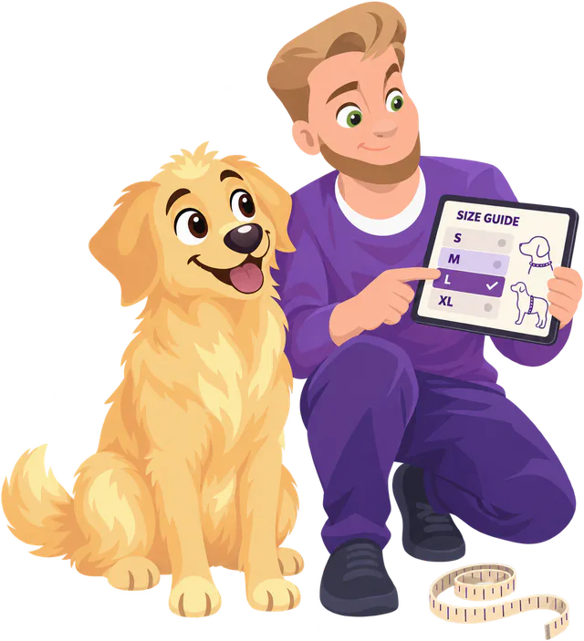 A man in a purple jumper kneels beside a golden retriever and points to a size on a size guide tablet, a tape measure on the floor.