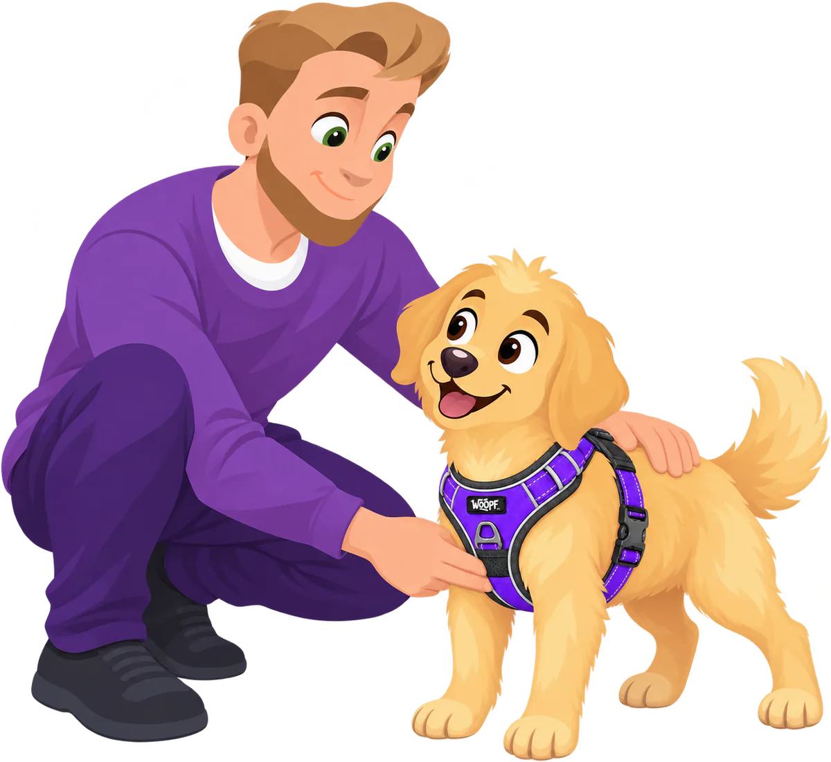A man in a purple jumper crouches beside a golden retriever in a purple WOOPF™ harness, one hand on its back and the other checking the chest strap.