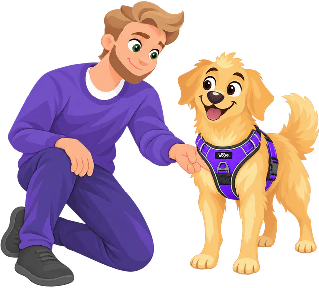 A man in a purple jumper kneels and checks the chest strap of a golden retriever's purple WOOPF™ harness with his fingers.