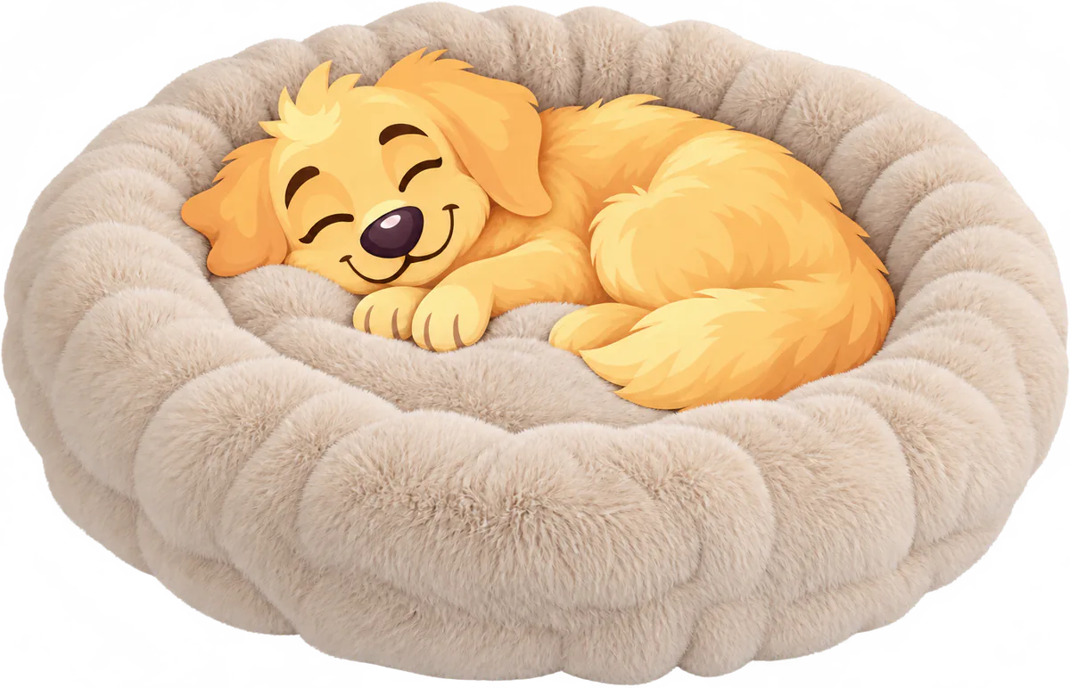 Illustrated golden retriever puppy asleep, curled up in a cream WOOPF™ Furry Curves Round Bed