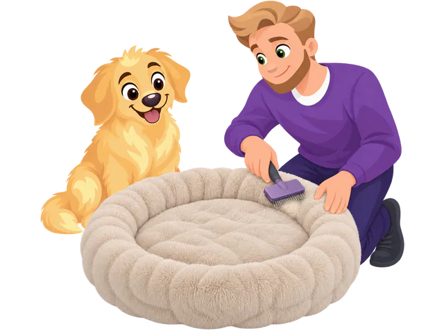 Illustrated owner brushing the fur of an empty cream donut bed with a slicker brush while a golden retriever puppy watches