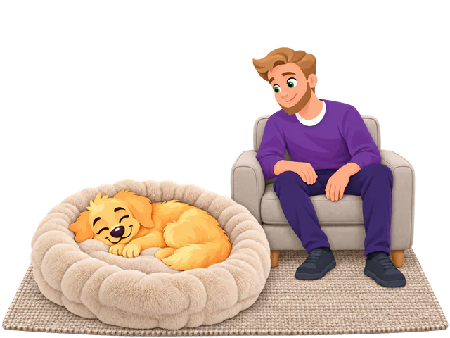 Illustrated golden retriever puppy asleep in a cream donut bed on a woven rug, the owner sitting in an armchair beside it