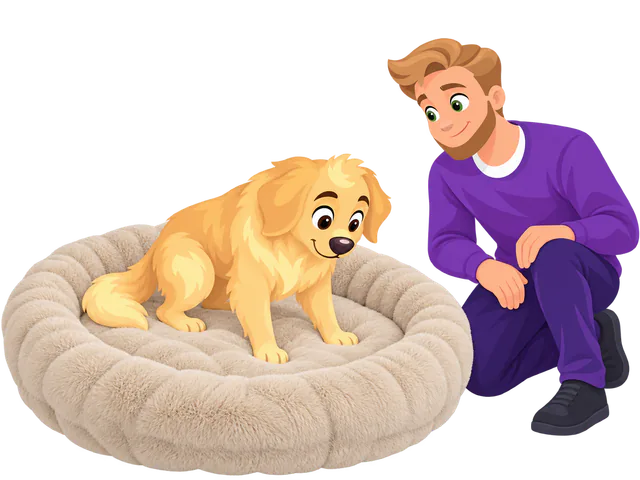Illustrated golden retriever puppy standing up in a cream donut bed, the owner kneeling beside it and watching