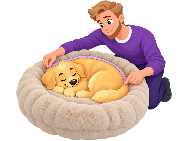 Illustrated owner in a purple jumper measuring a golden retriever puppy curled up asleep in a cream donut bed with a purple tape, nose round to tail