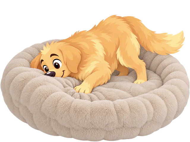 Illustrated golden retriever puppy nosing and digging into the cushion of a cream donut bed