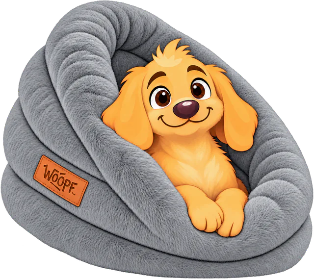 Illustrated golden retriever puppy sitting in a grey Furry Range Round Bed with its top roll pushed over its head like a hood