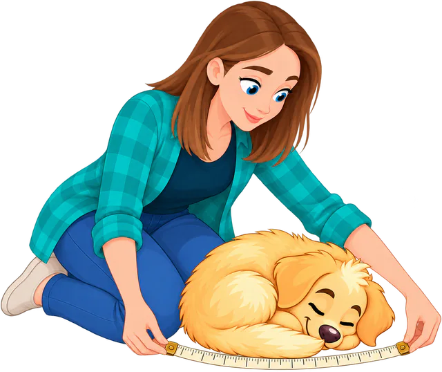 Illustrated woman kneeling to run a tape measure nose to tail along a golden retriever puppy asleep curled in a ball