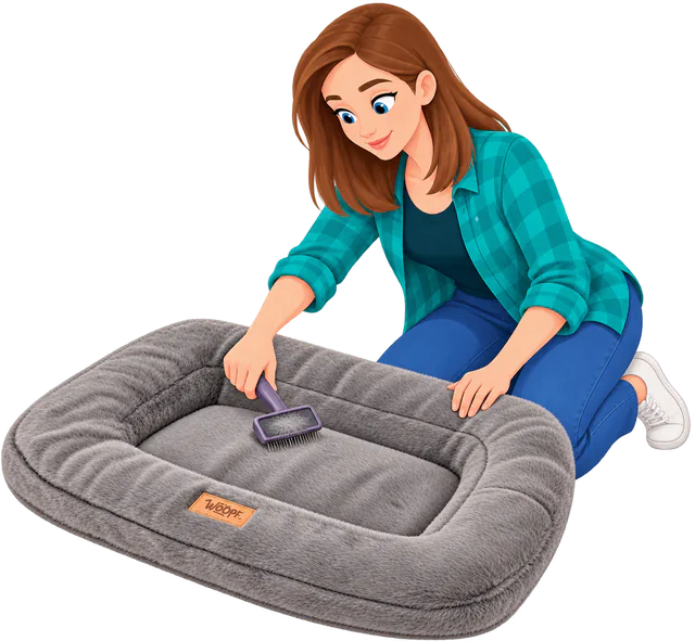 Illustrated woman kneeling to brush the fur of an empty grey Furry Range Rectangle Bed with a slicker brush