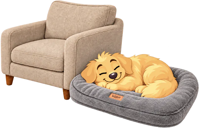 Illustrated golden retriever puppy asleep curled in a grey Furry Range Rectangle Bed on the floor beside a beige armchair