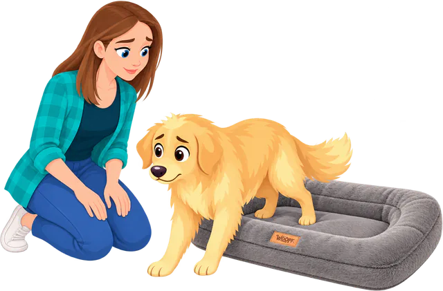 Illustrated woman kneeling to watch a golden retriever step out over the rim of a grey Furry Range Rectangle Bed