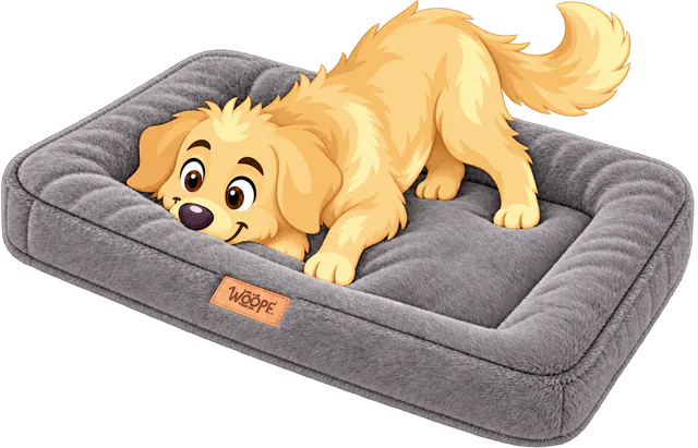Illustrated golden retriever puppy, tail up, pushing its nose and front paws into the cushion of a grey Furry Range Rectangle Bed