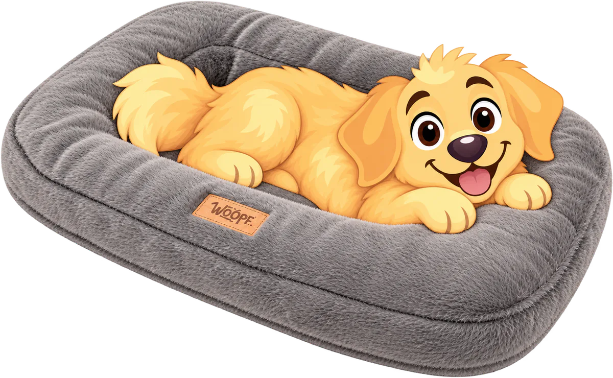 Illustrated golden retriever puppy lying in a grey WOOPF™ Furry Range Rectangle Bed with its front paws and chin on the low fur rim