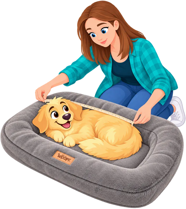 Illustrated woman kneeling to run a tape measure along a golden retriever puppy lying curled in a grey Furry Range Rectangle Bed