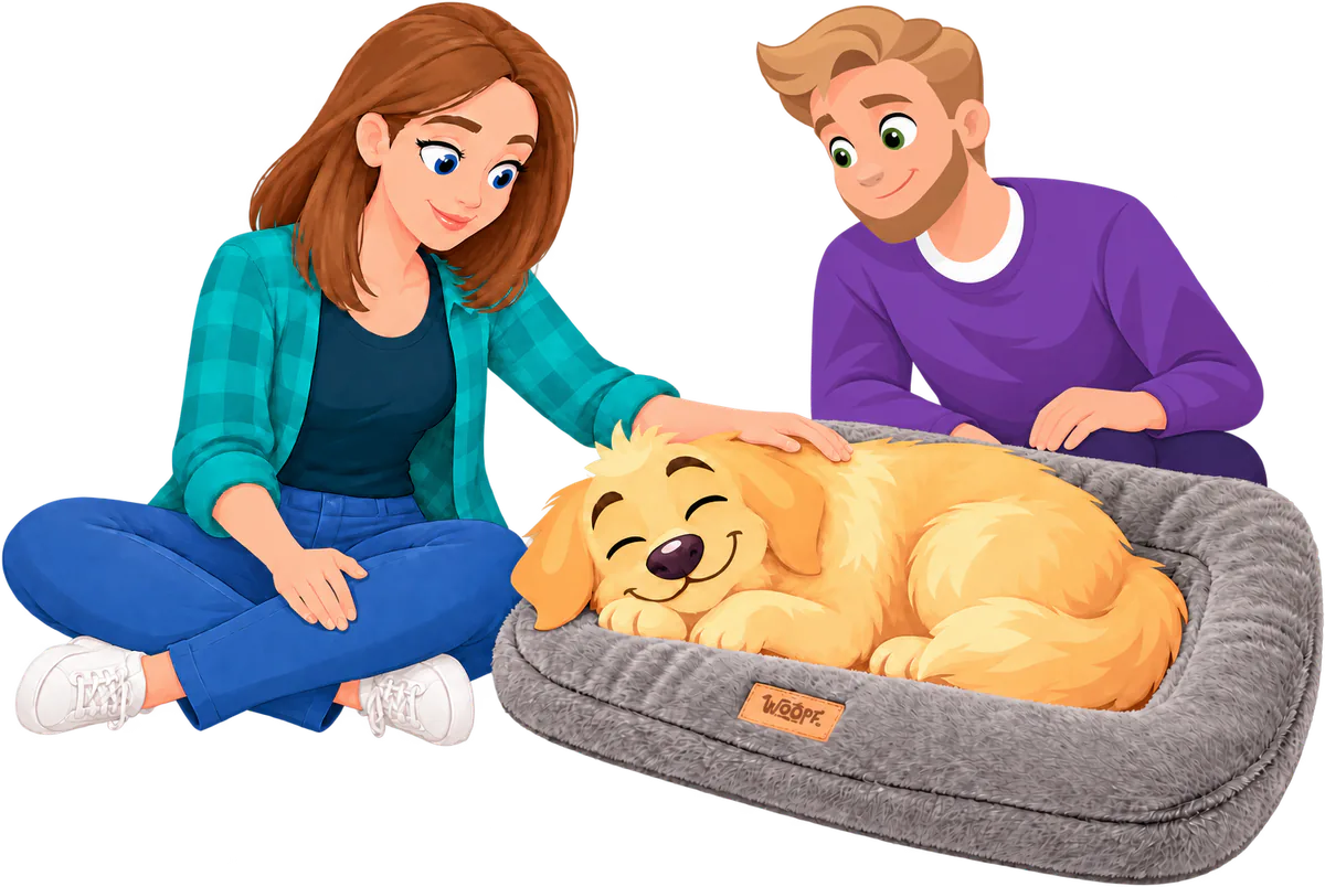 Illustrated woman sitting cross-legged beside a grey WOOPF™ Furry Range Rectangle Bed, stroking a golden retriever puppy asleep in it, with a man kneeling next to her