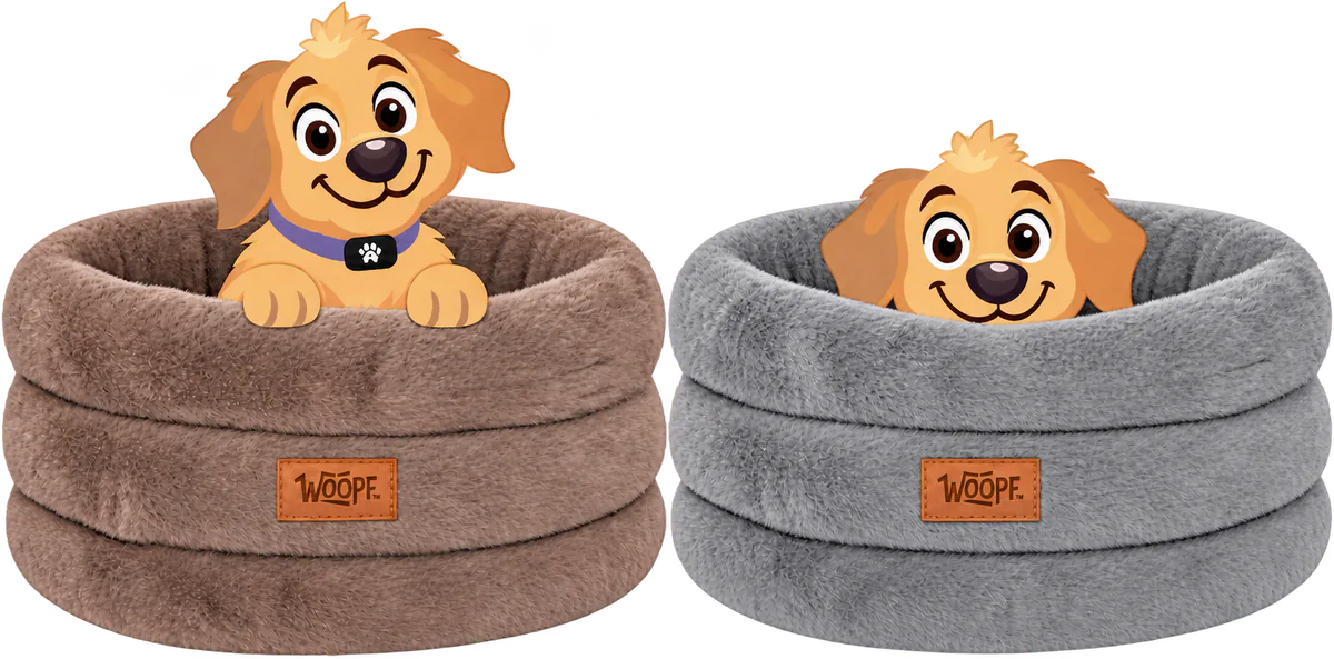 Illustrated golden retriever puppies peeking out of two WOOPF™ Furry Range Round Beds, one brown and one grey