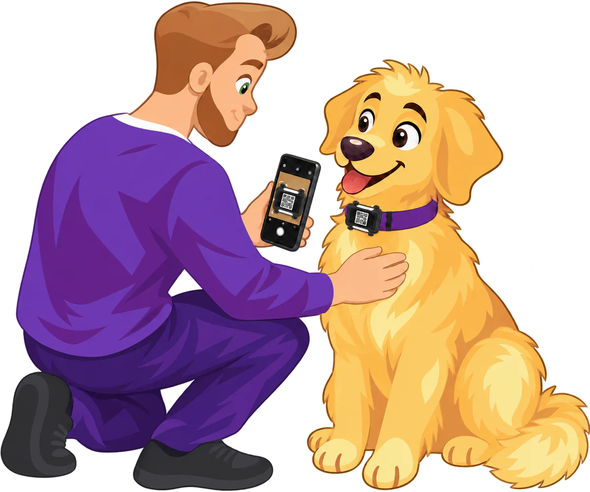 Illustrated man kneeling to scan the QR code on a golden retriever's black tracker screen with his phone