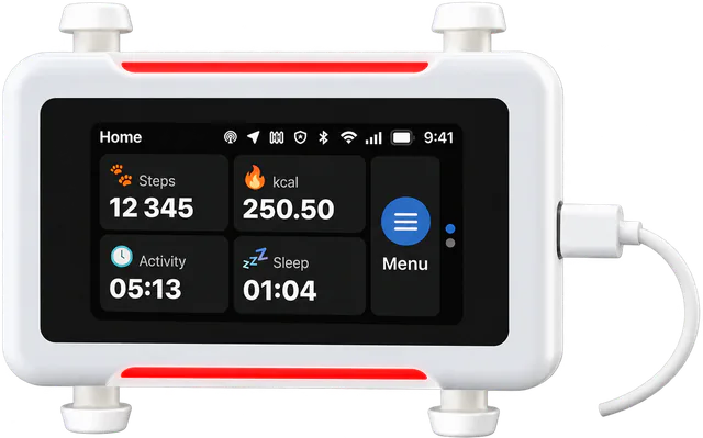 Illustrated white tracker on its charging cable, LED strips lit red, the screen showing steps, calories, activity and sleep