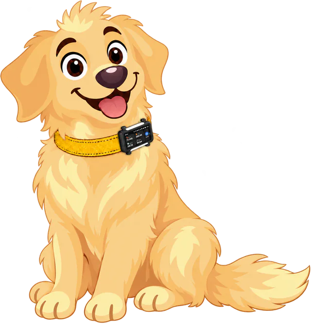 Illustrated golden retriever sitting with a black tracker on its yellow collar