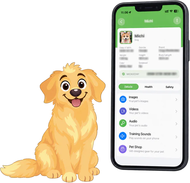 Illustrated golden retriever sitting beside a phone open on a pet profile in the Ask A Vet app
