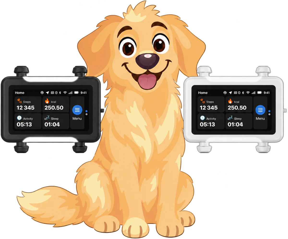 Illustrated golden retriever sitting between a black and a white tracker, each screen showing steps, calories, activity and sleep