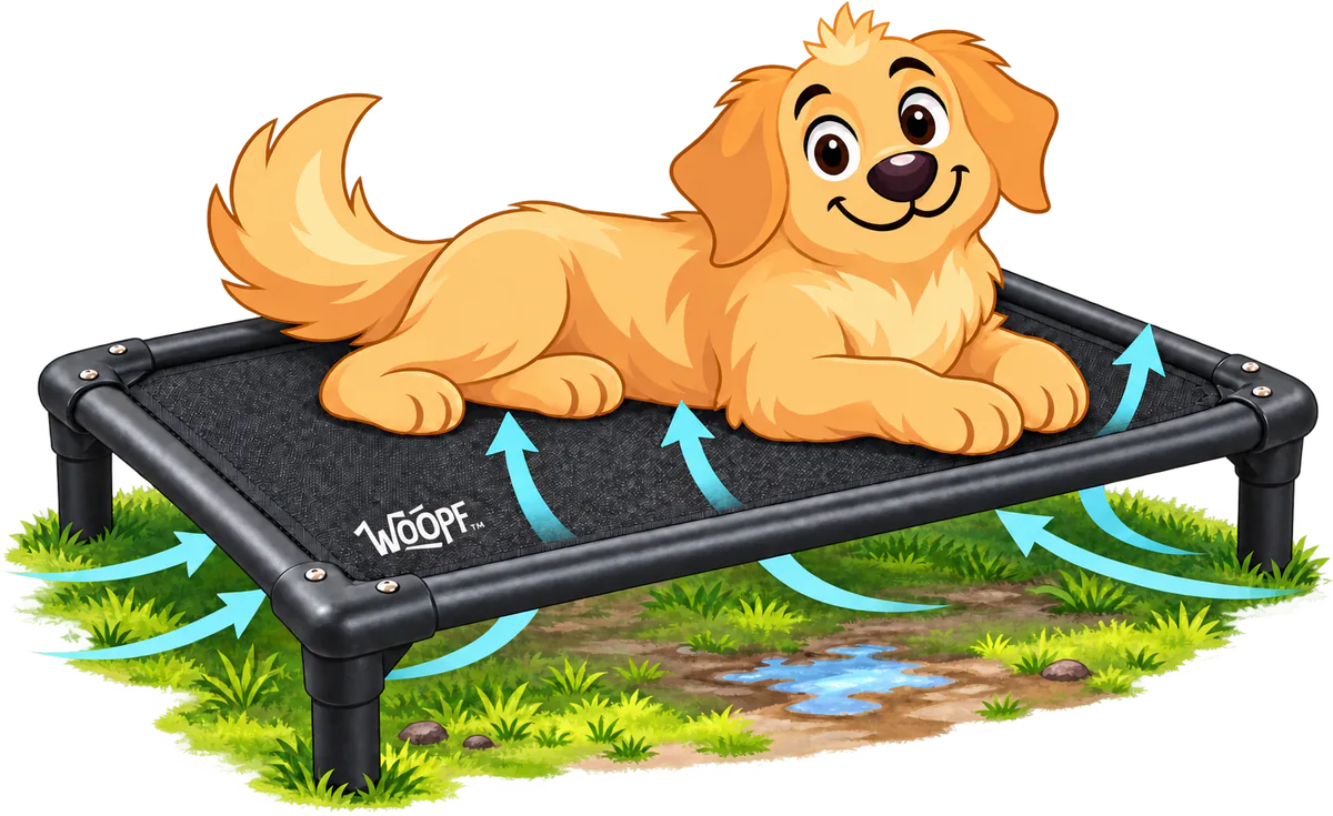 Illustrated golden retriever puppy on a black WOOPF™ Chew-Proof Dog Hammock over grass and a puddle, with air flowing under it