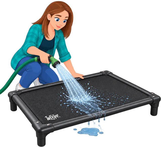 Illustrated owner hosing down the panel of the Chew-Proof Dog Hammock