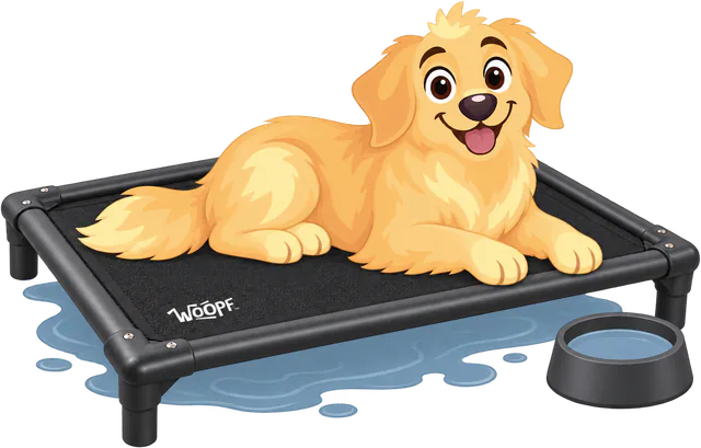 Illustrated golden retriever lying on the Chew-Proof Dog Hammock above a puddle, with a water bowl beside it
