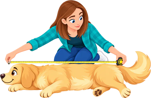 Illustrated owner measuring a golden retriever lying flat, from the nose to the base of the tail