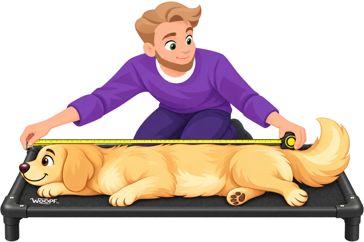 Illustrated owner measuring a golden retriever lying on a black WOOPF™ Chew-Proof Dog Hammock, nose to the base of the tail