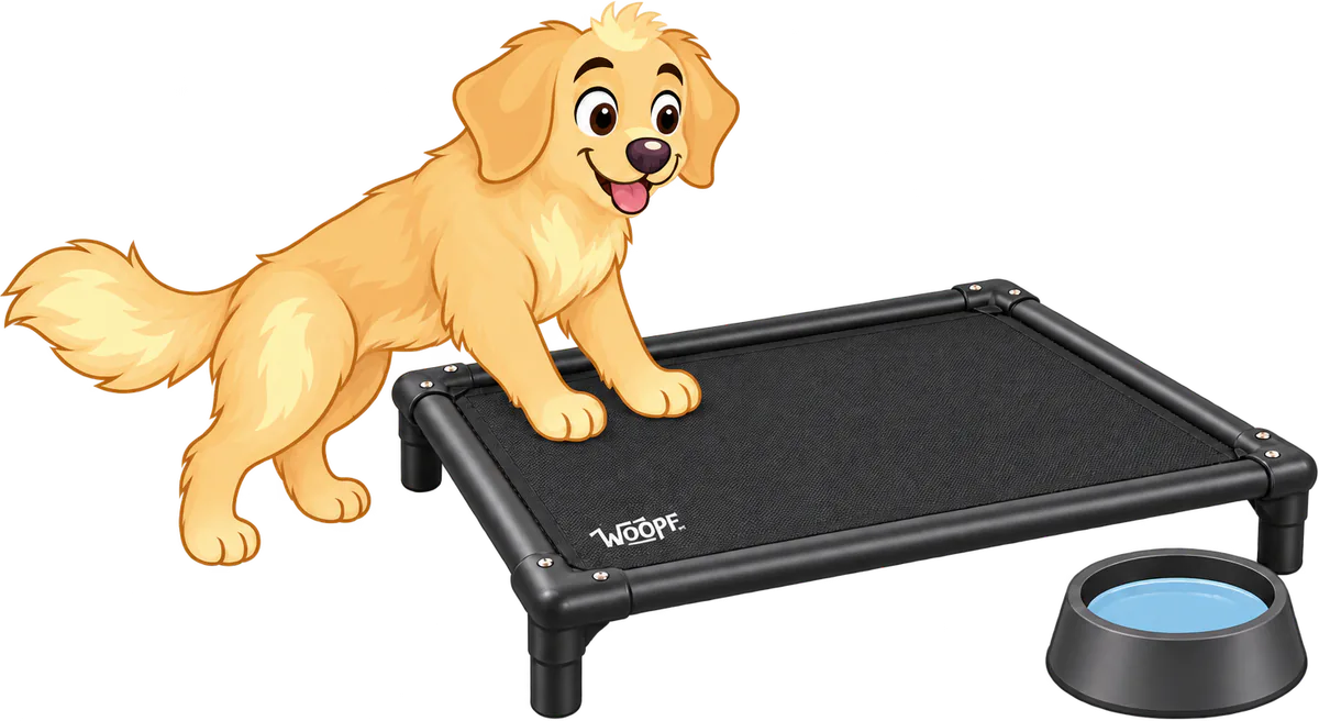 Illustrated golden retriever puppy with its front paws up on a black WOOPF™ Chew-Proof Dog Hammock beside a bowl of water