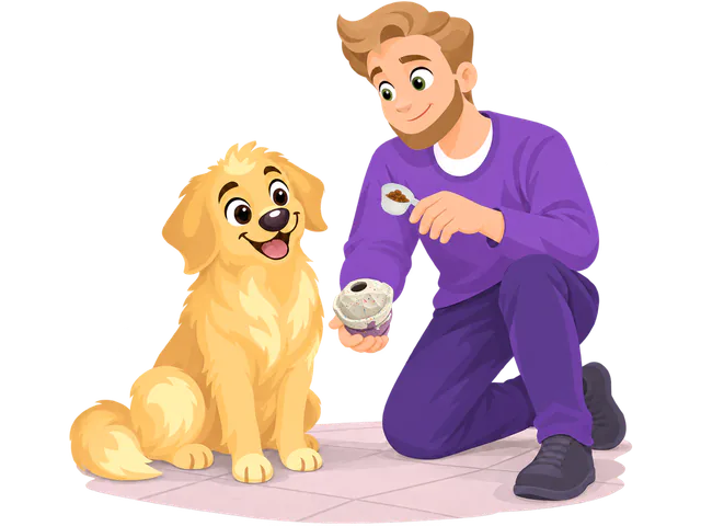 A man in a purple jumper kneels beside a golden retriever puppy, holding a purple Snacky Hive base up in one hand and a scoop of kibble in the other.