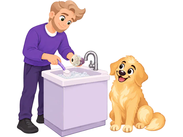 A man in a purple jumper scrubs a purple Snacky Hive with a brush at a sink while a golden retriever puppy sits beside him.