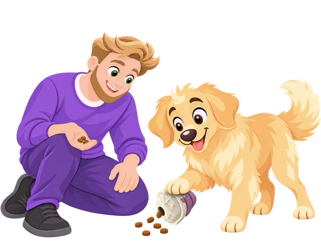 A man in a purple jumper kneels with a few pieces of kibble in his hand while a golden retriever puppy paws a tipped-over purple Snacky Hive and kibble rolls out of its base.
