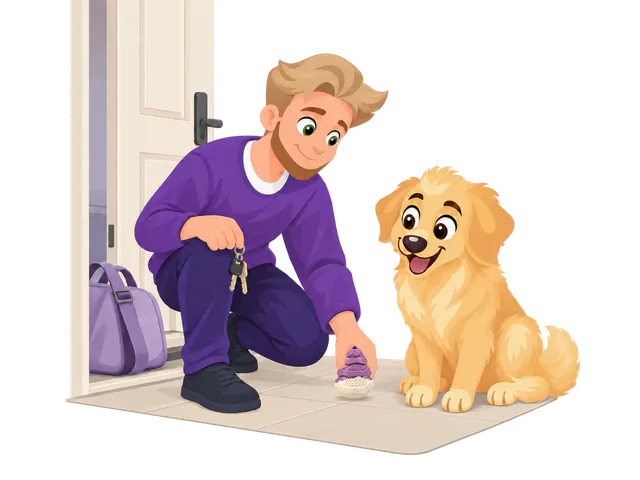 A man in a purple jumper crouches at the front door, keys in hand and a bag beside him, and sets a purple Snacky Hive down for a golden retriever puppy.
