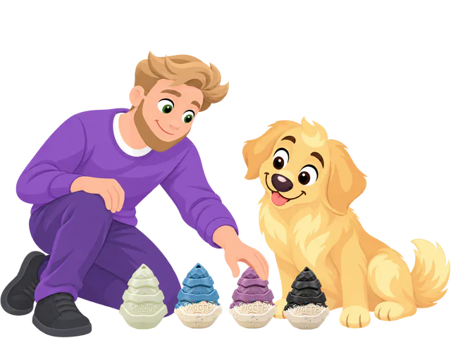 A man in a purple jumper kneels beside a golden retriever puppy and reaches for the purple Snacky Hive in a row of four: Glow, Blue, Purple and Black.