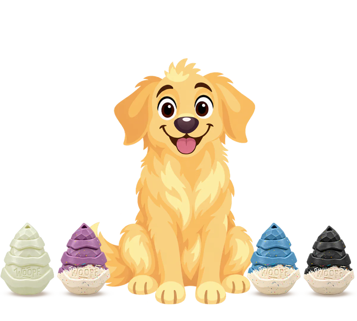 A golden retriever puppy sits among the four Snacky Hives: Glow and Purple on one side, Blue and Black on the other.